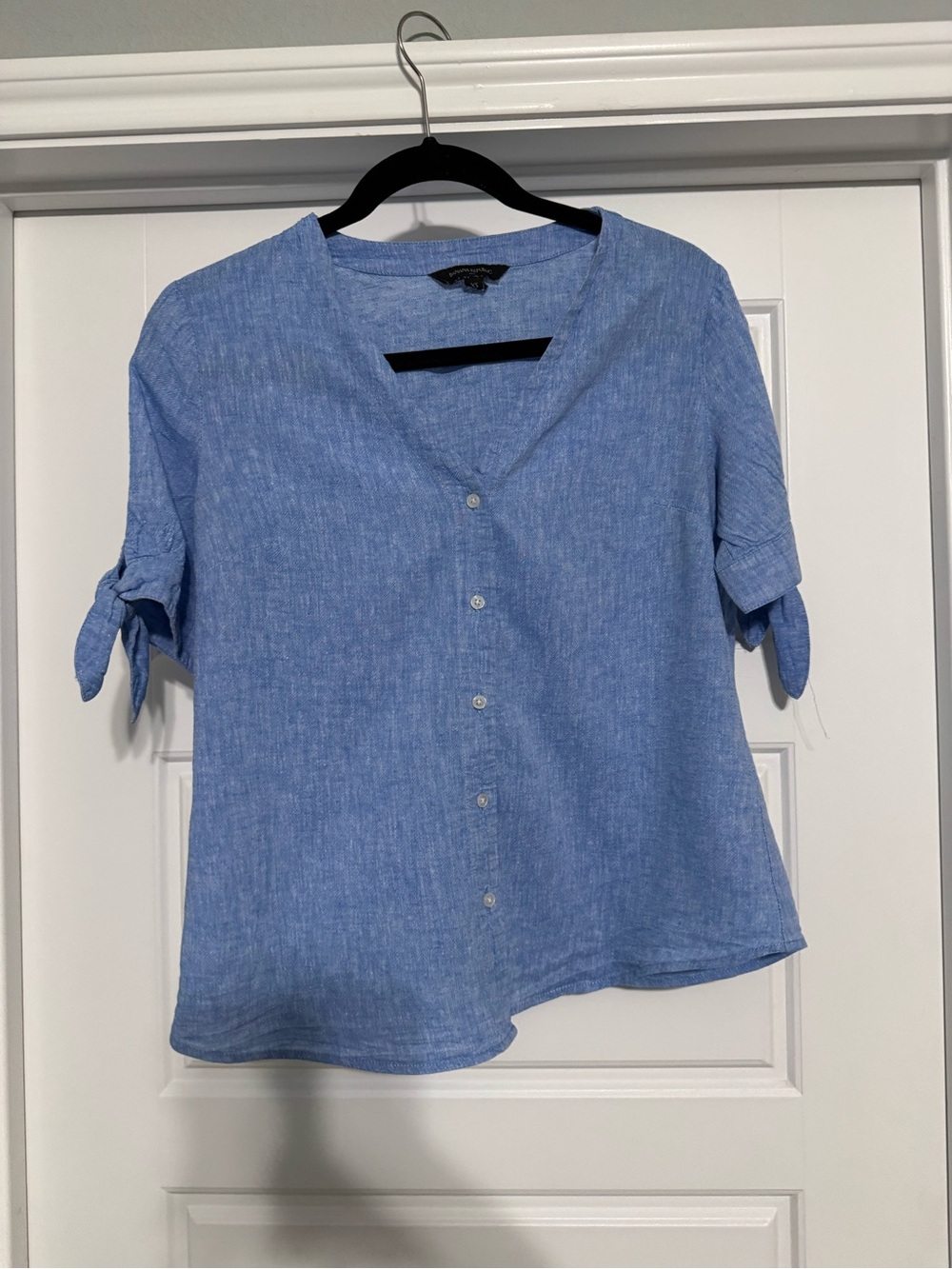 100% Linen Light Blue V-Neck Button Front Women's Top with Tie Sleeves